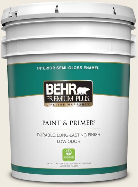 BEHR PREMIUM PLUS 5 gal. #PWN-51 Villa White Semi-Gloss Enamel Low Odor Interior Paint & Primer