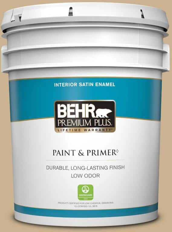 BEHR PREMIUM PLUS 5 gal. #PWL-84 Tropical Tan Satin Enamel Low Odor Interior Paint & Primer