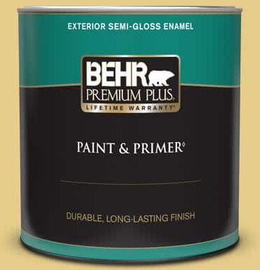 BEHR PREMIUM PLUS 1 qt. #T12-6 Lol Yellow Semi-Gloss Enamel Exterior Paint & Primer