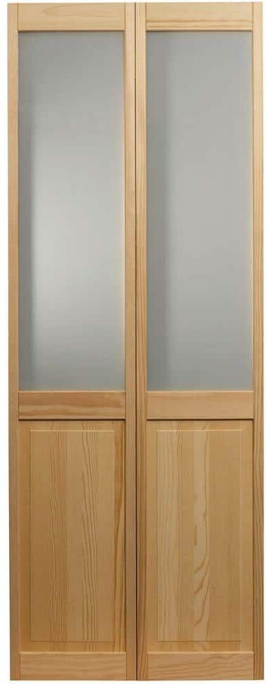 Pinecroft 36 in. x 80 in. Frosted Glass Over Raised 1/2-Lite Panel Pine Wood Interior Bi-fold Door