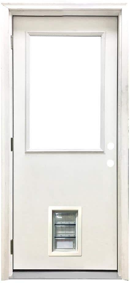 Steves & Sons 36 in. x 80 in. Reliant Series Clear Half Lite RHOS White Primed Fiberglass Prehung Back Door with Med Pet Door