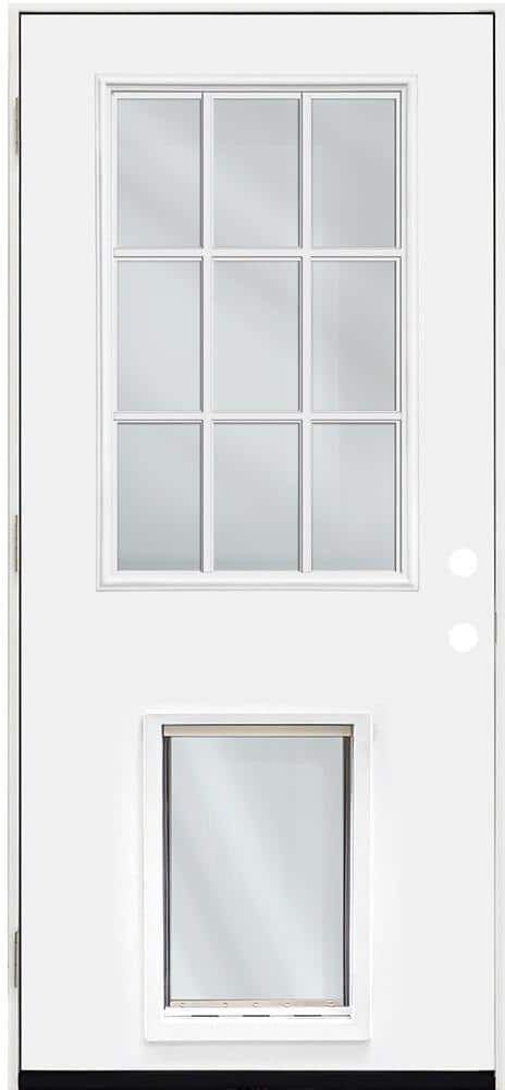 Steves & Sons 32 in. x 80 in. Reliant Series Clear 9 Lite RHOS White Primed Fiberglass Prehung Front Door with Extra Large Pet Door