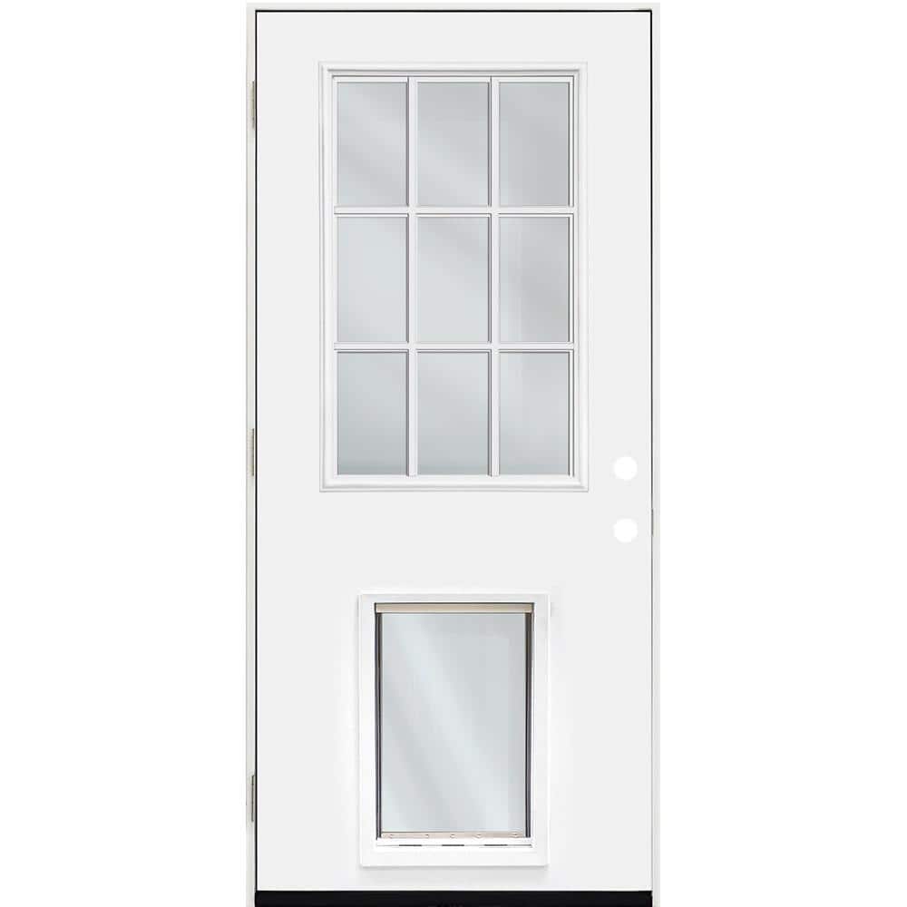 Steves & Sons 36 in. x 80 in. Reliant Series Clear 9 Lite White Primed RHOS Fiberglass Prehung Front Door with Extra Large Pet Door