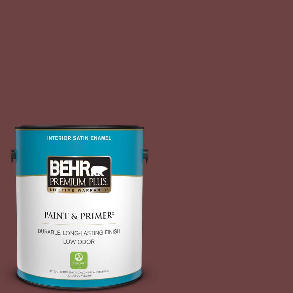 BEHR PREMIUM PLUS 1 gal. #BIC-50 Deep Claret Satin Enamel Low Odor Interior Paint & Primer