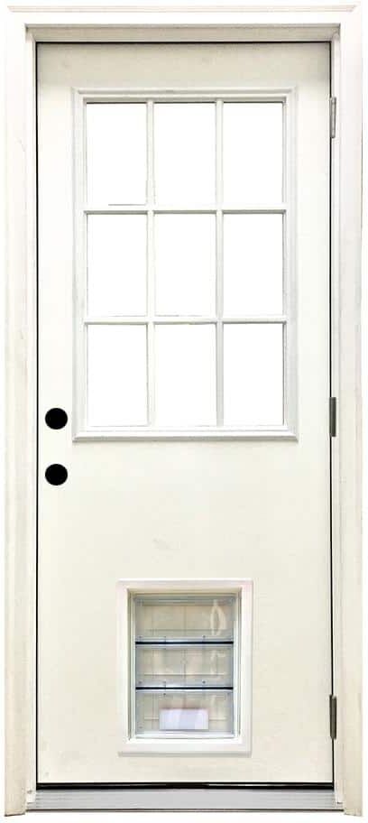 Steves & Sons 36 in. x 80 in. Reliant Series Clear 9 Lite LHOS White Primed Fiberglass Prehung Back Door with Large Pet Door