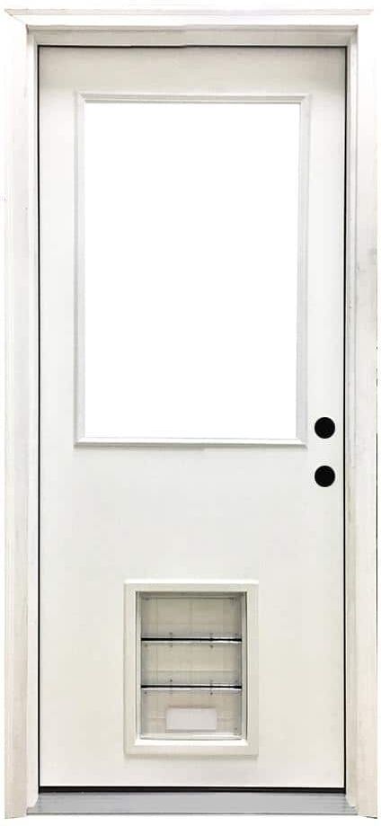 Steves & Sons 30 in. x 80 in. Reliant Series Clear Half Lite LHIS White Primed Fiberglass Prehung Front Door with Large Pet Door