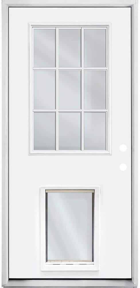 Steves & Sons 32 in. x 80 in. Reliant Series Clear 9-Lite LHIS White Primed Fiberglass Prehung Back Door with Extra Large Pet Door