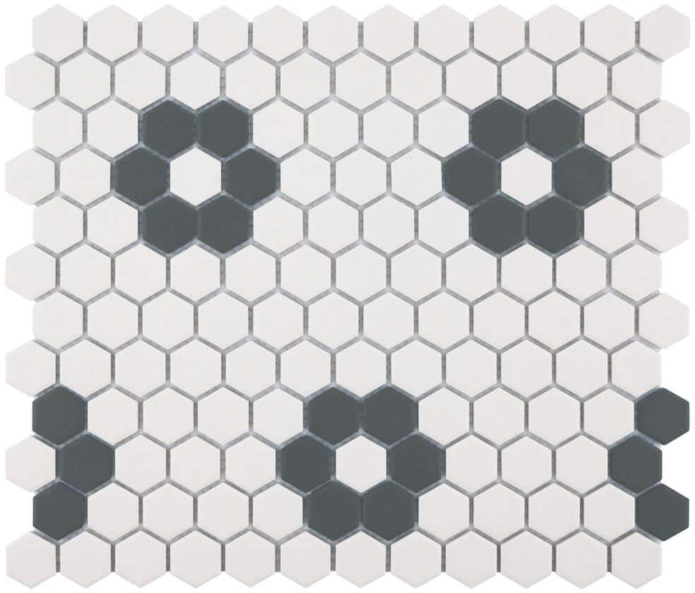 Merola Tile Gotham 1 in. Hex White with Black Flower 10-1/4 in. x 11-3/4 in. Porcelain Mosaic Tile (8.6 sq. ft./Case)