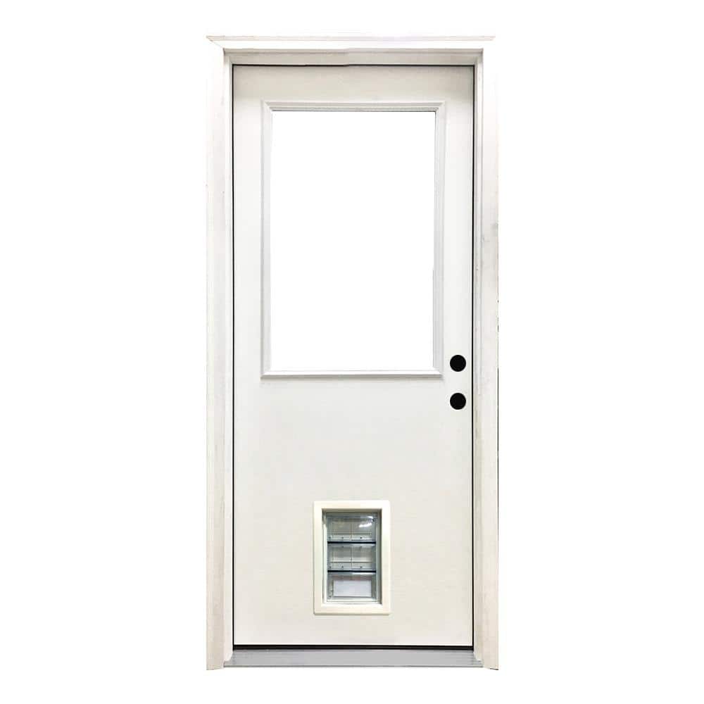 Steves & Sons 36 in. x 80 in. Reliant Series Clear Half Lite LHIS White Primed Fiberglass Prehung Back Door with Med Pet Door