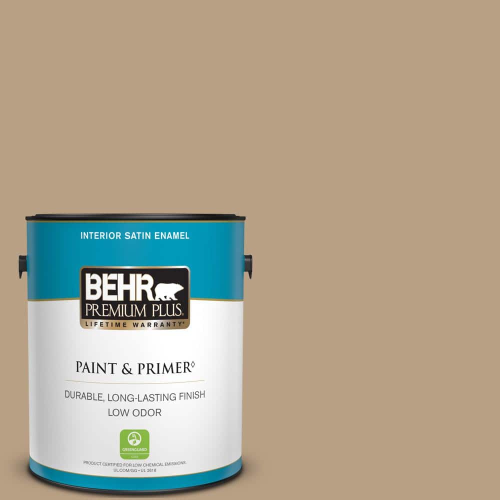 BEHR PREMIUM PLUS 1 gal. Home Decorators Collection #HDC-AC-12 Craft Brown Satin Enamel Low Odor Interior Paint & Primer