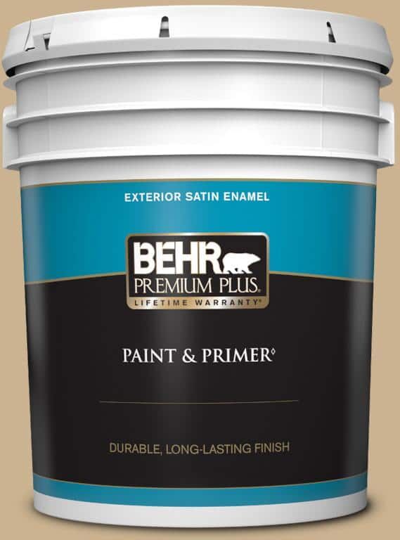 BEHR PREMIUM PLUS 5 gal. #PWL-84 Tropical Tan Satin Enamel Exterior Paint & Primer