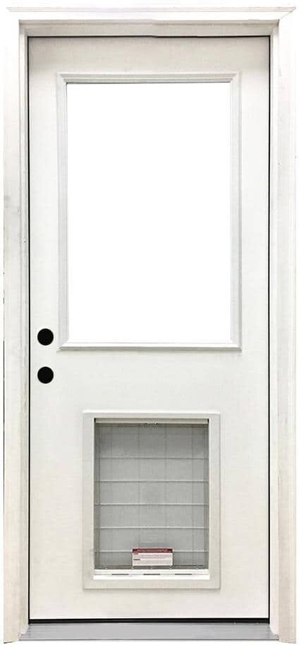 Steves & Sons 32 in. x 80 in. Reliant Series Clear Half Lite RHIS White Primed Fiberglass Prehung Back Door with Extra Large Pet Door