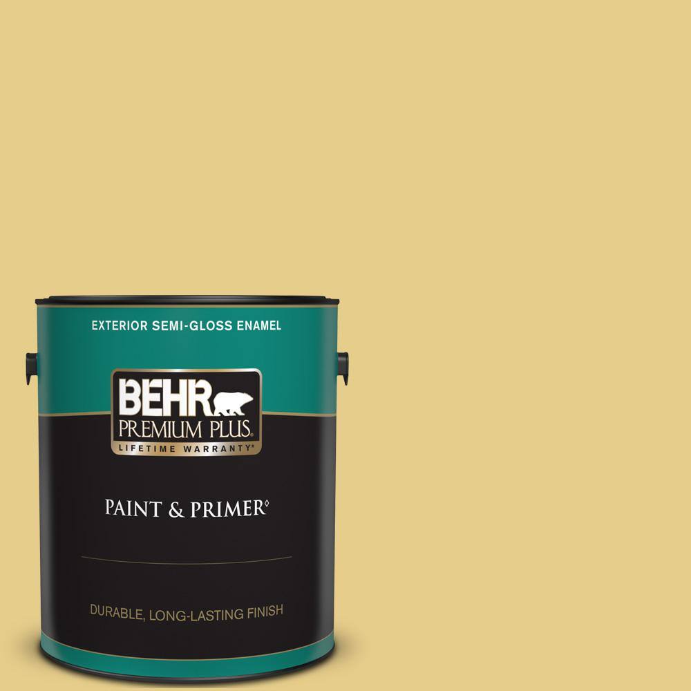 BEHR PREMIUM PLUS 1 gal. #T12-6 Lol Yellow Semi-Gloss Enamel Exterior Paint & Primer