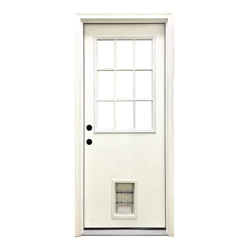Steves & Sons 32 in. x 80 in. Reliant Series Clear 9 Lite RHIS White Primed Fiberglass Prehung Front Door with Med Pet Door