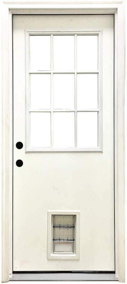 Steves & Sons 36 in. x 80 in. Reliant Series Clear 9 Lite RHIS White Primed Fiberglass Prehung Front Door with Med Pet Door