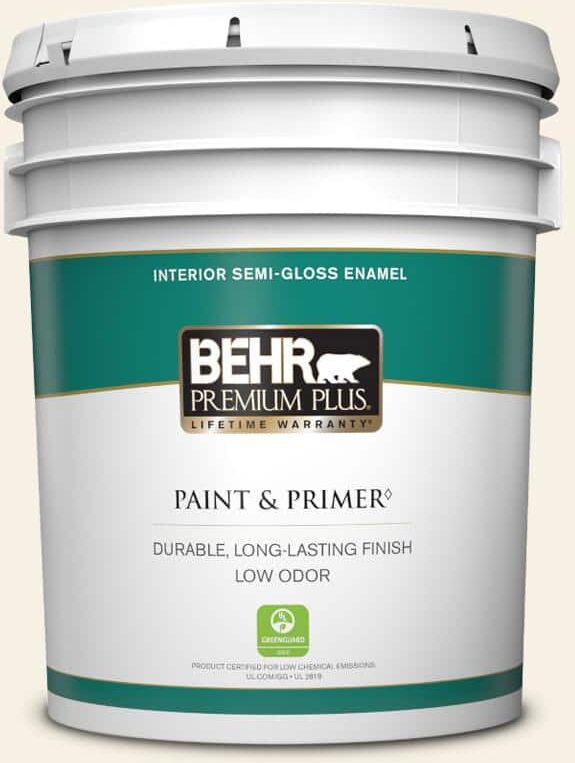 BEHR PREMIUM PLUS 5 gal. #OR-W14 White Veil Semi-Gloss Enamel Low Odor Interior Paint & Primer