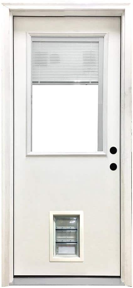 Steves & Sons 36 in. x 80 in. Reliant Series Clear Mini-Blind LHIS White Primed Fiberglass Prehung Back Door with Med Pet Door