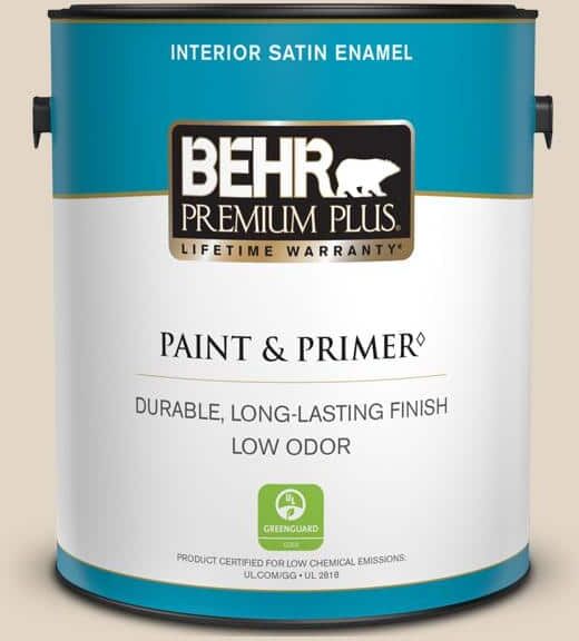 BEHR PREMIUM PLUS 1 gal. #N300-2 Canvas Luggage Satin Enamel Low Odor Interior Paint & Primer