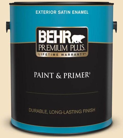 BEHR PREMIUM PLUS 1 gal. #PPU6-10 Cream Puff Satin Enamel Exterior Paint & Primer