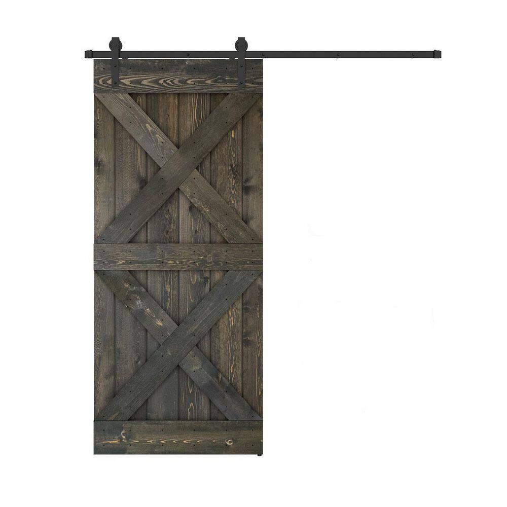 Dessliy Double X Series 30 in. x 84 in. Fully Set Up Made-In-USA Ebony Finished Pine Wood Sliding Barn Door With Hardware Kit