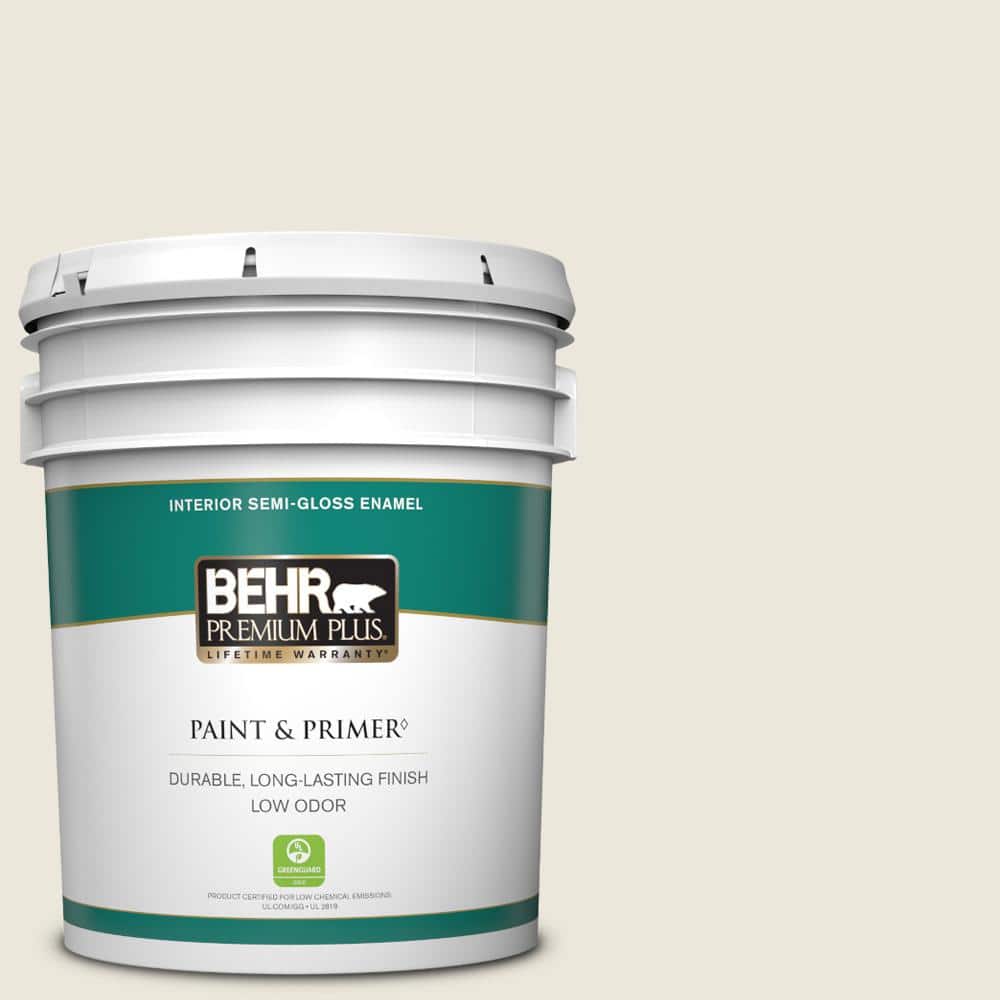 BEHR PREMIUM PLUS 5 gal. #BXC-32 Picket Fence White Semi-Gloss Enamel Low Odor Interior Paint & Primer