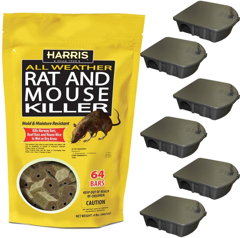 Harris 4 lbs./64 Bars All Weather Rat and Mouse Killer and 6 Locking Rat and Mouse Refillable Bait Stations