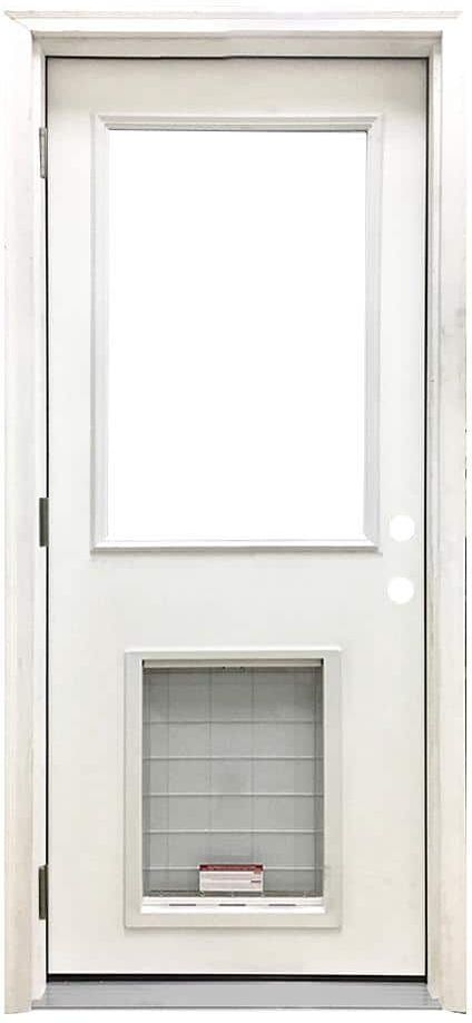 Steves & Sons 30 in. x 80 in. Reliant Series Clear Half Lite RHOS White Primed Fiberglass Prehung Back Door with Extra Large Pet Door