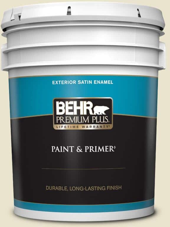 BEHR PREMIUM PLUS 5 gal. #S330-1 Baby Artichoke Satin Enamel Exterior Paint & Primer