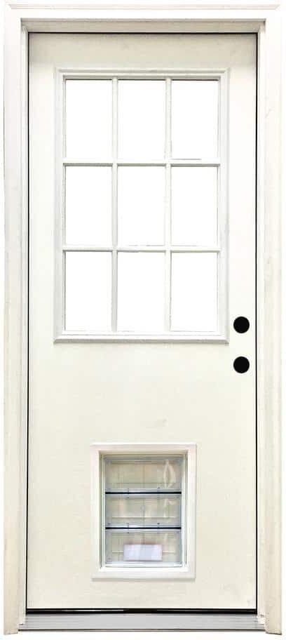 Steves & Sons 32 in. x 80 in. Reliant Series Clear 9 Lite LHIS White Primed Fiberglass Prehung Back Door with Large Pet Door