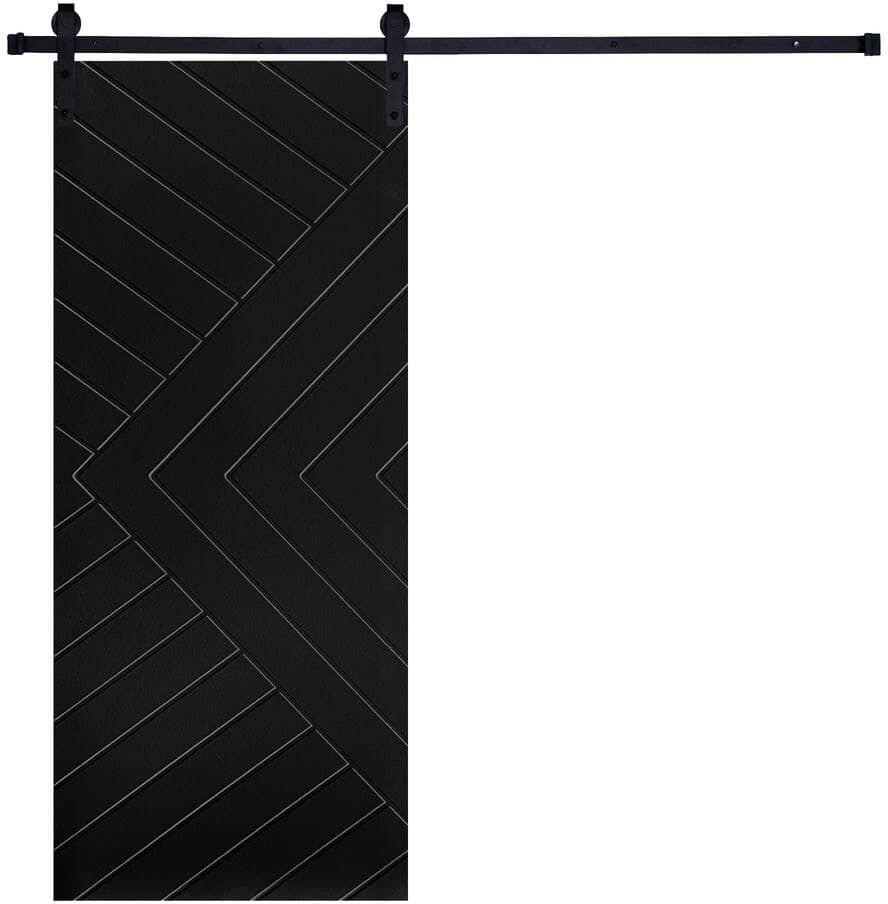 AIOPOP HOME Modern Chevron Designed 36 in. x 84 in. MDF Panel Black Painted Sliding Barn Door with Hardware Kit