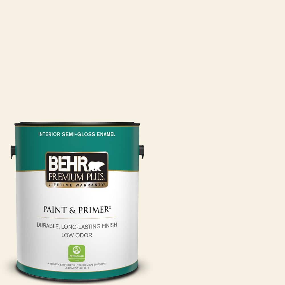 BEHR PREMIUM PLUS 1 gal. #OR-W14 White Veil Semi-Gloss Enamel Low Odor Interior Paint & Primer