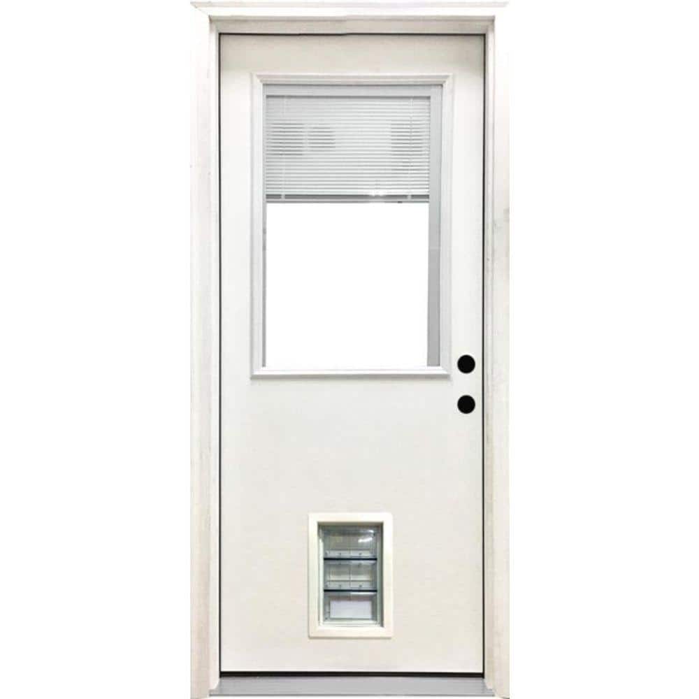 Steves & Sons 32 in. x 80 in. Reliant Series Clear Mini-Blind LHIS White Primed Fiberglass Prehung Front Door with Med Pet Door