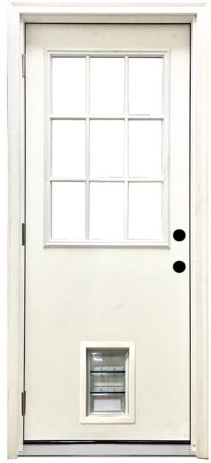 Steves & Sons 36 in. x 80 in. Reliant Series Clear 9 Lite RHOS White Primed Fiberglass Prehung Back Door with Med Pet Door