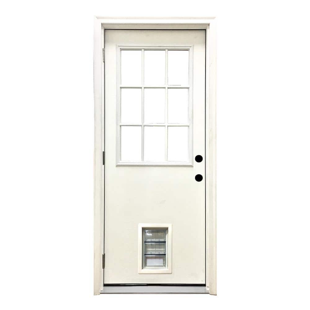 Steves & Sons 32 in. x 80 in. Reliant Series Clear 9 Lite RHOS White Primed Fiberglass Prehung Front Door with Med Pet Door