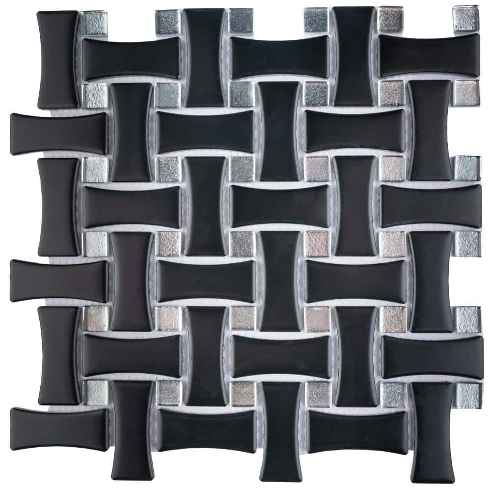 Merola Tile Metro Dog Bone Basketweave Matte Black with Glass Silver Dot 10 in. x 10 in. Porcelain Mosaic Tile (7.1 sq. ft./Case)