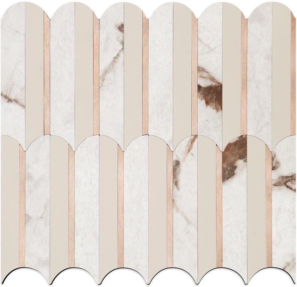 Yipscazo Fish Scale Beige Marble Mixed Metal Gold 12 in. x 12 in. PVC Peel and Stick Backsplash Wall Tile (10 sq.ft./10-Sheets)