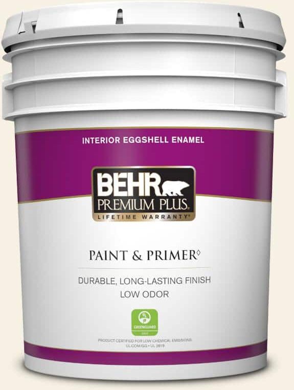 BEHR PREMIUM PLUS 5 gal. #OR-W14 White Veil Eggshell Enamel Low Odor Interior Paint & Primer