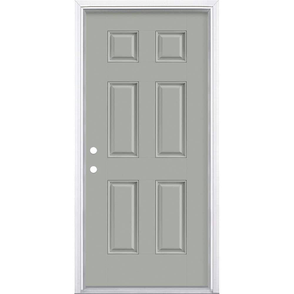 Masonite 36 in. x 80 in. 6-Panel Silver Cloud Right-Hand Inswing Painted Smooth Fiberglass Prehung Front Door with Brickmold