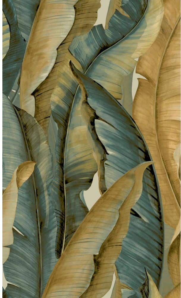 Walls Republic Gold Banana Leaves Tropical Machine Washable 57 sq. ft. Non-Woven Non- Pasted Double Roll Wallpaper