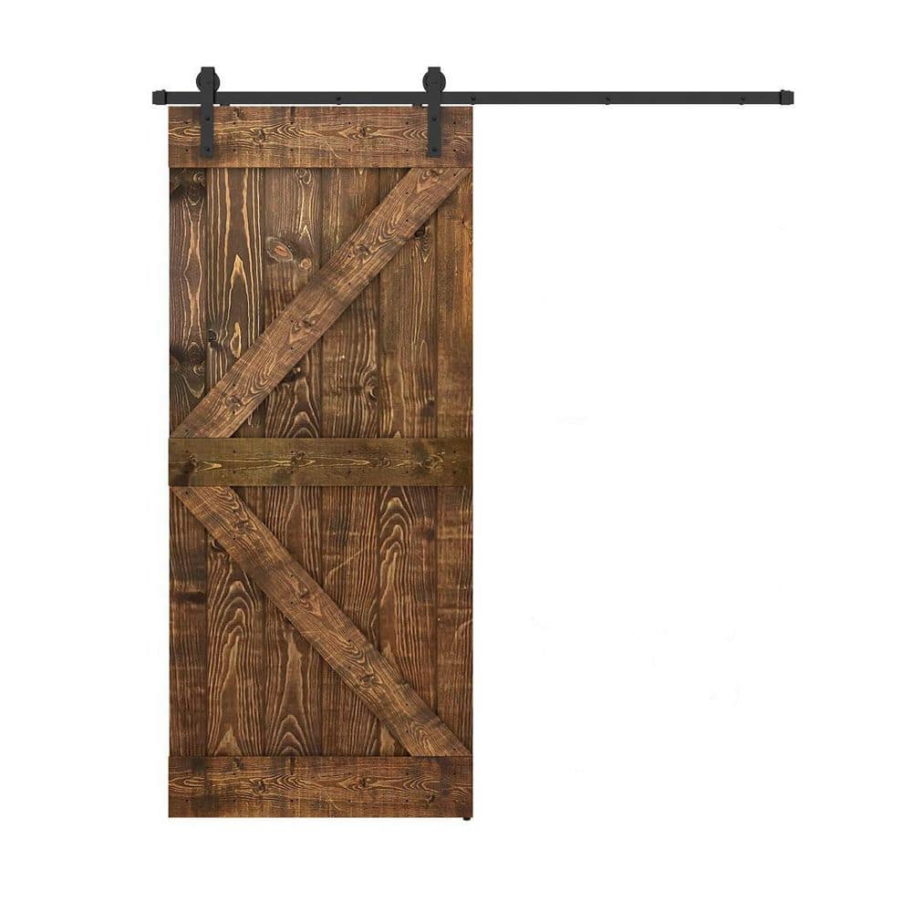 Dessliy K Series 42 in. x 84 in. Fully Set Up Made-In-USA Dark Brown Finished Pine Wood Sliding Barn Door With Hardware Kit