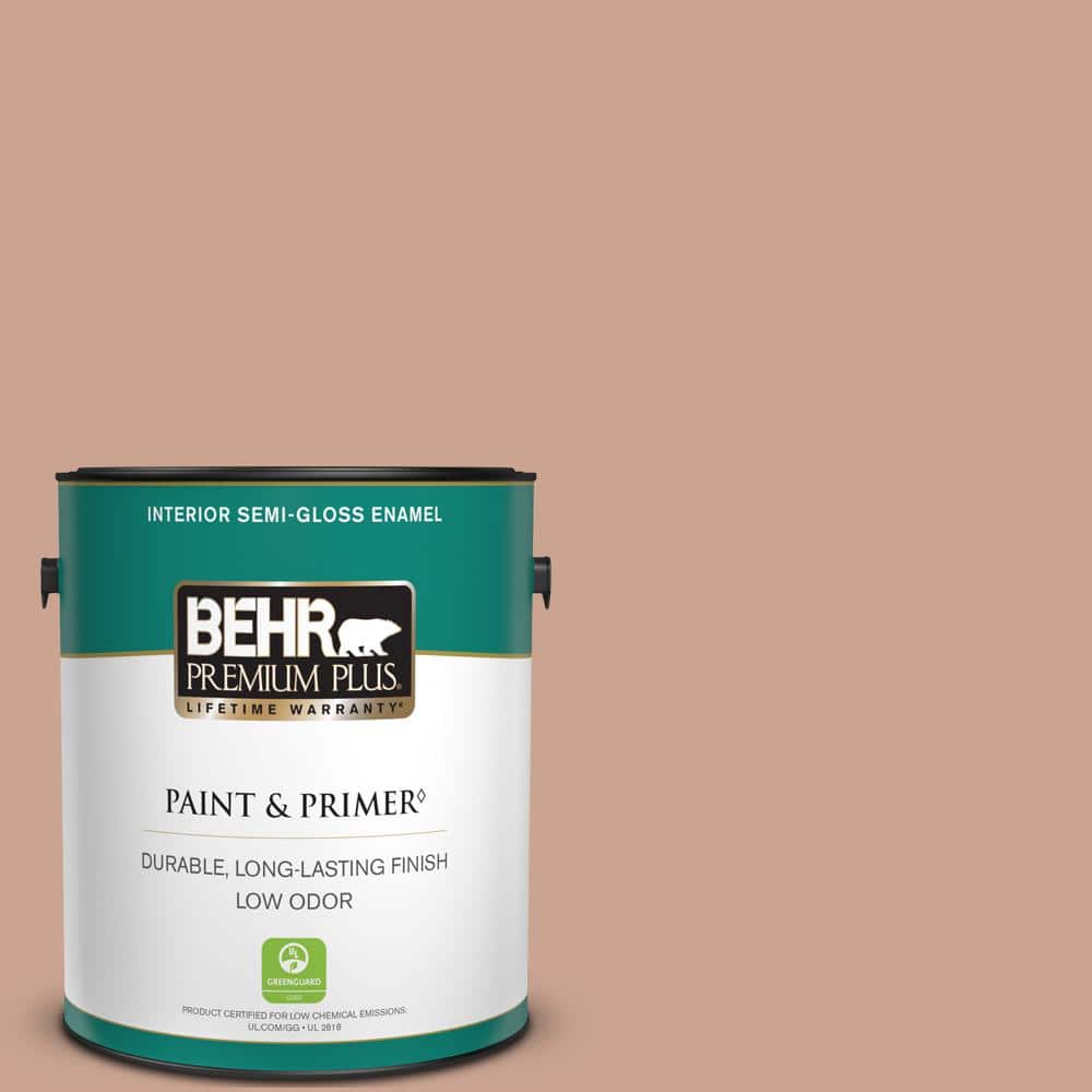 BEHR PREMIUM PLUS 1 gal. #220F-4 Sombrero Tan Semi-Gloss Enamel Low Odor Interior Paint & Primer