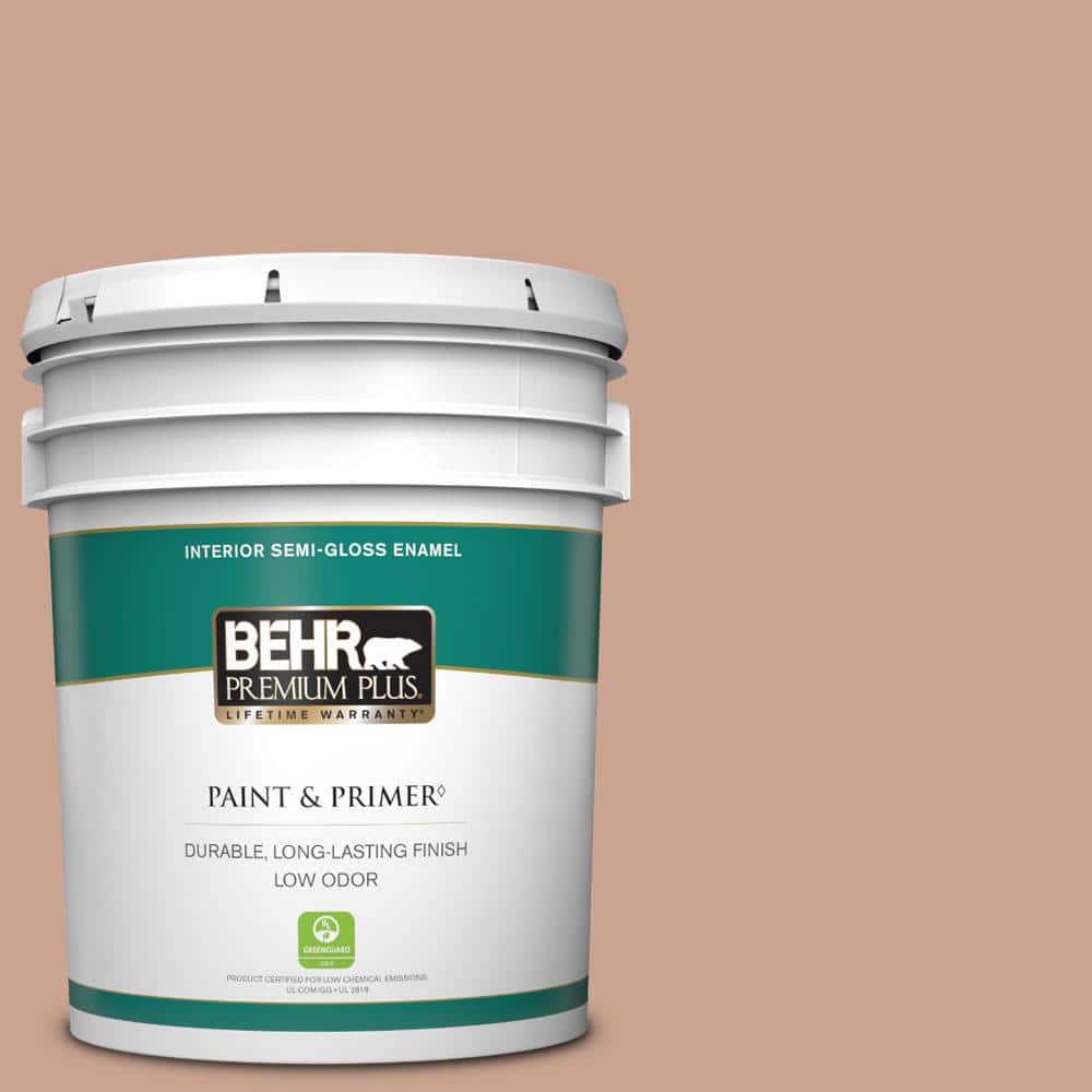 BEHR PREMIUM PLUS 5 gal. #220F-4 Sombrero Tan Semi-Gloss Enamel Low Odor Interior Paint & Primer