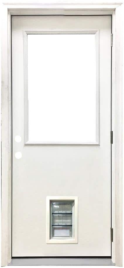 Steves & Sons 32 in. x 80 in. Reliant Series Clear Half Lite LHOS White Primed Fiberglass Prehung Back Door with Med Pet Door