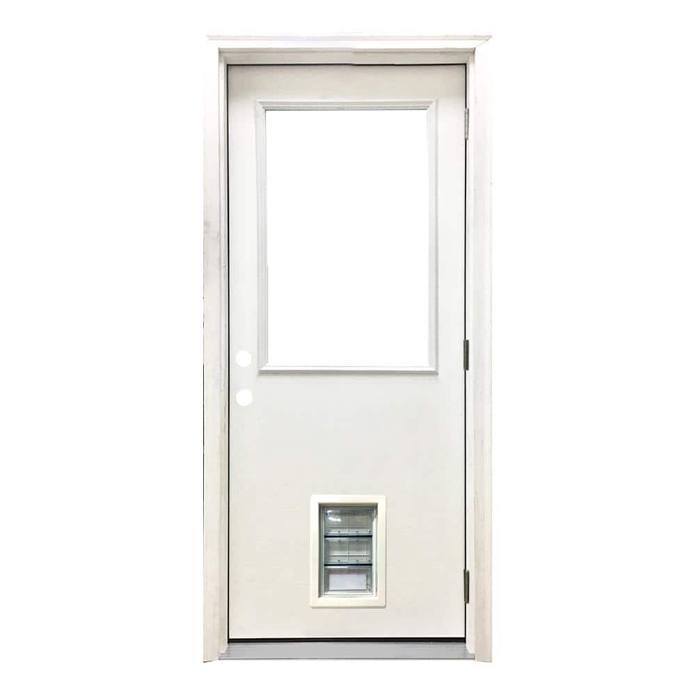 Steves & Sons 36 in. x 80 in. Reliant Series Clear Half Lite LHOS White Primed Fiberglass Prehung Back Door with Med Pet Door
