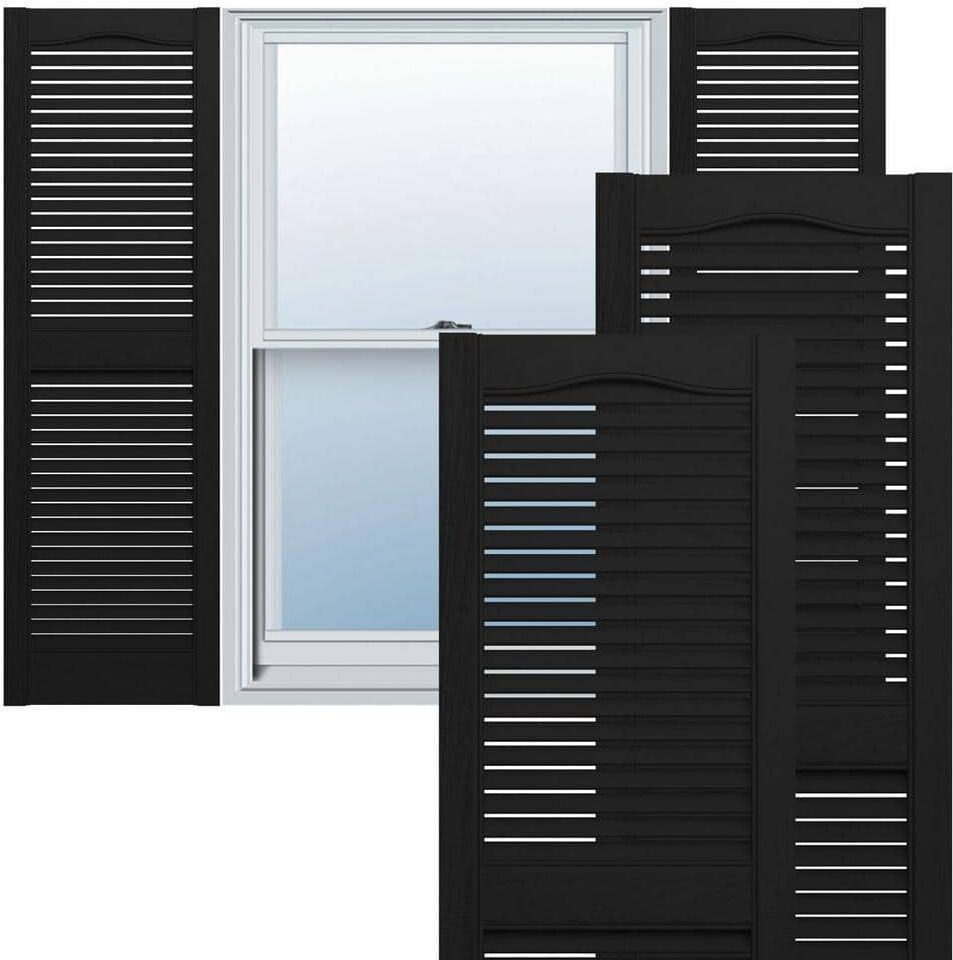 Ekena Millwork 14-1/2 in. x 55 in. Lifetime Open Louvered Vinyl Standard Cathedral Top Center Mullion Shutters Pair in Black