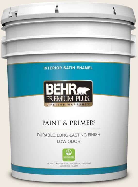 BEHR PREMIUM PLUS 5 gal. #PWN-51 Villa White Satin Enamel Low Odor Interior Paint & Primer