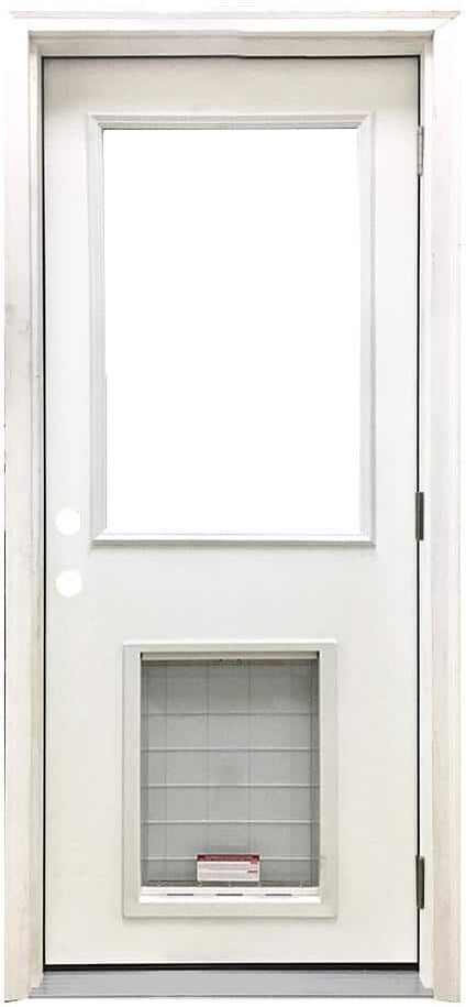 Steves & Sons 32 in. x 80 in. Reliant Series Clear Half Lite LHOS White Primed Fiberglass Prehung Back Door with Extra Large Pet Door