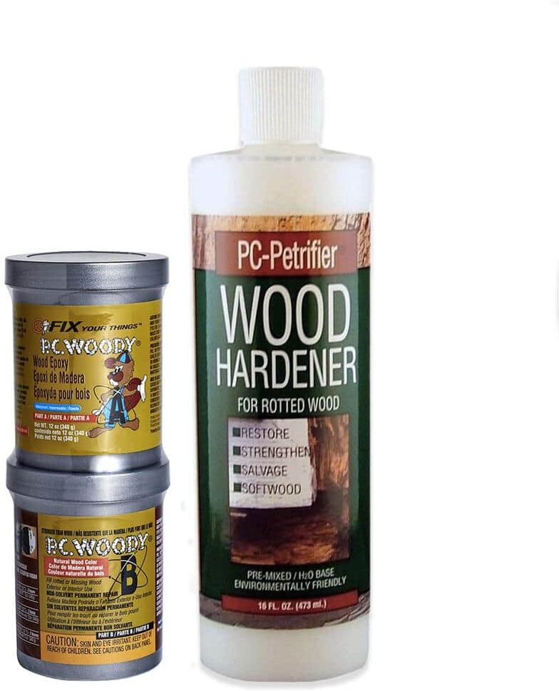 PC Products PC-Woody Wood Repair Epoxy Paste, Two-Part 12 oz, and PC-Petrifier Wood Hardener 16 oz