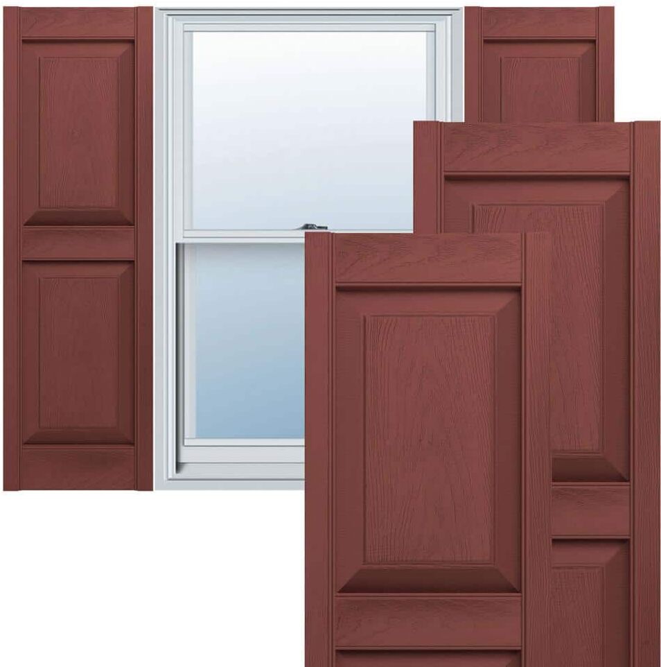 Ekena Millwork 12 in. x 31 in. Lifetime Vinyl Standard 2 Equal Raised Panel Shutters Pair Burgundy Red