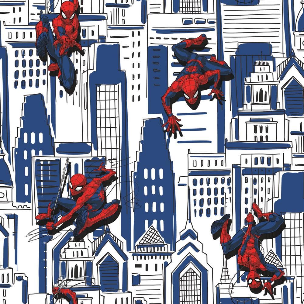 RoomMates Spider-Man Cityscape Blue Vinyl Peel and Stick Matte Wallpaper 28.18 sq. ft.